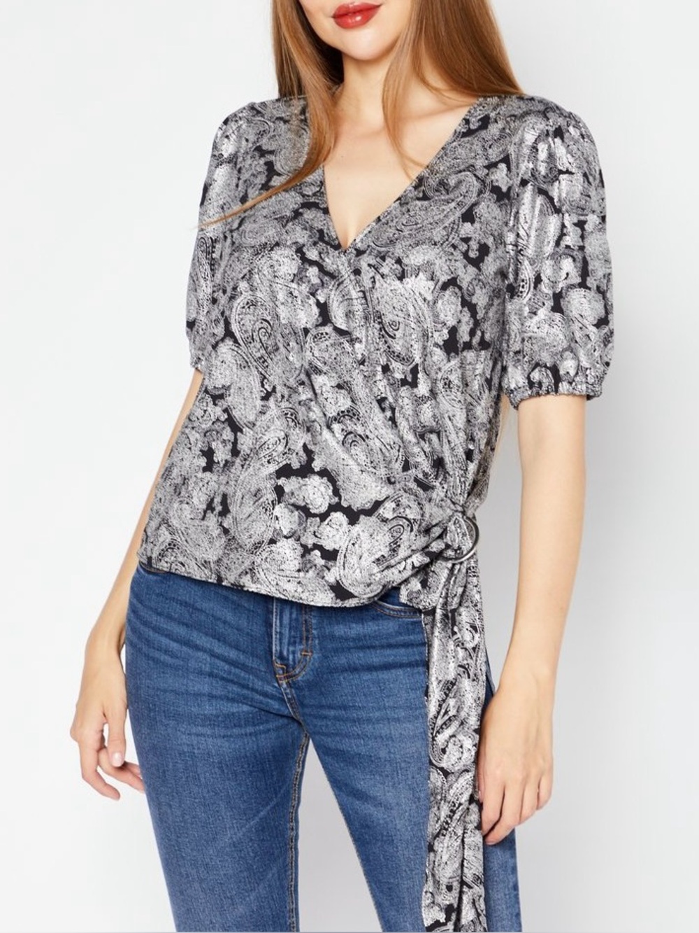 NWT Michael Kors Metallic Paisley Side-Tie Wrap Top Size M